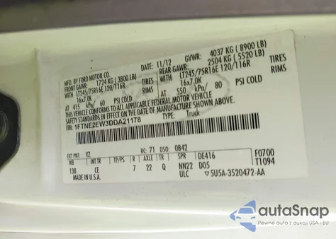 2013 Ford Econoline E250 Van из США, поврежденный, VIN 1FTNE2EW3DDA21178